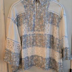 POL Floral Patchwork Half-Zip Pullover in White and Light Blue